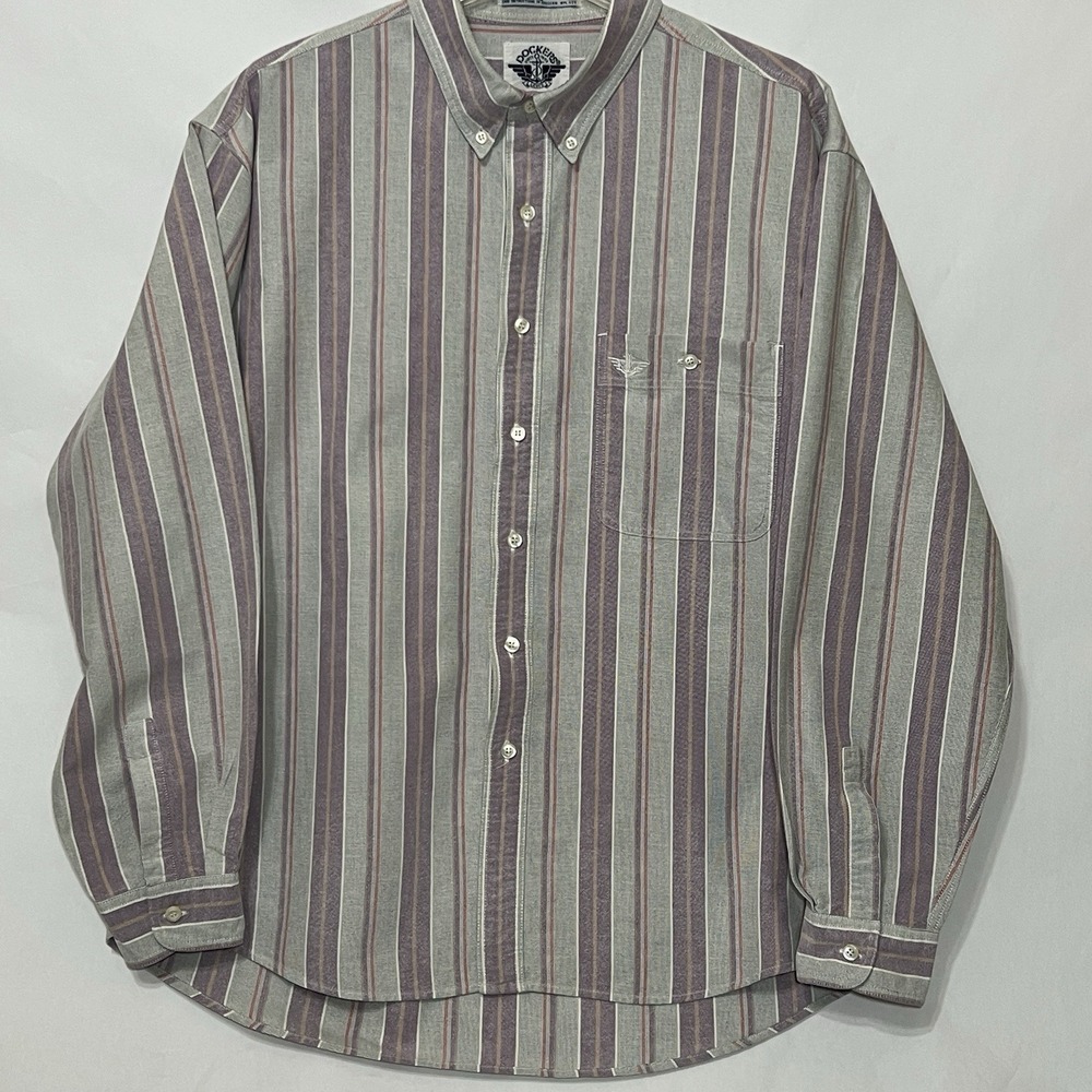Dockers Vtg 90s Striped Gray Purple‎ Button Collar Oxford Dad Shirt Men XL Y2K